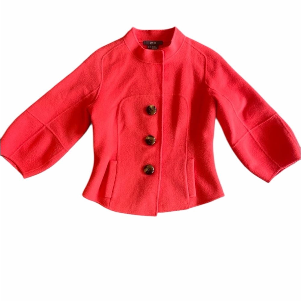 Per Se Vibrant Coral Orange Retro-look Wool Buttoned 3/4 Sleeve Jacket. Size 10